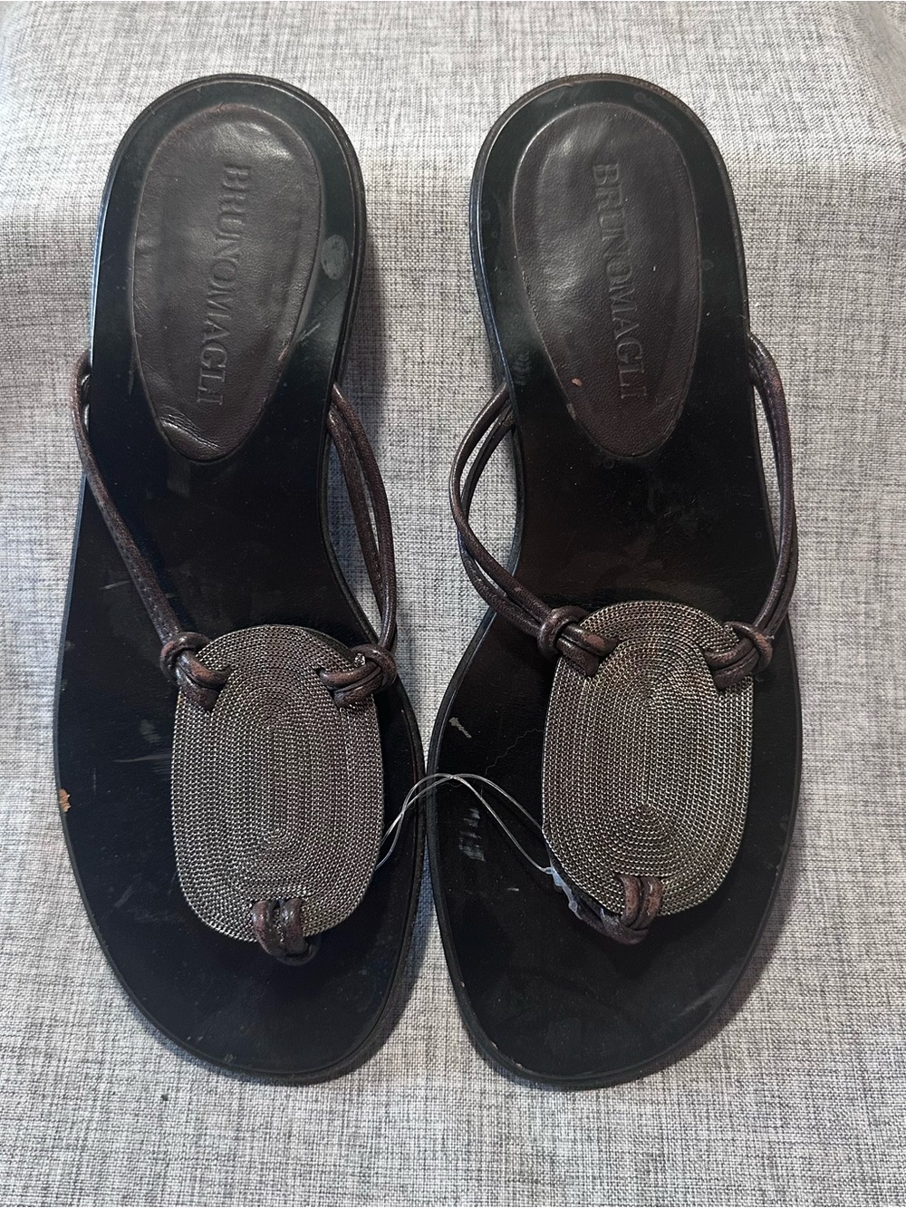 Bruno Magli Dark Brown Leather Toe-Loop Sandals with Oval Mesh Accent